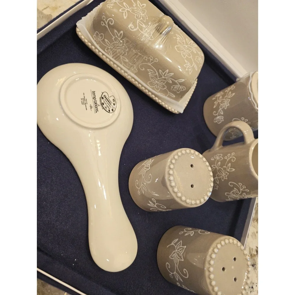 Temp-tations Butter Dish, Sugar, Creamer, Salt, Pepper Shaker Spoon Rest Taupe